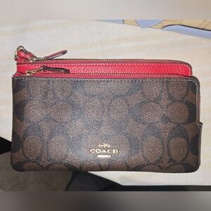 Coach Red Double Zip Wallet In Brown Signature Canvas Wristlet